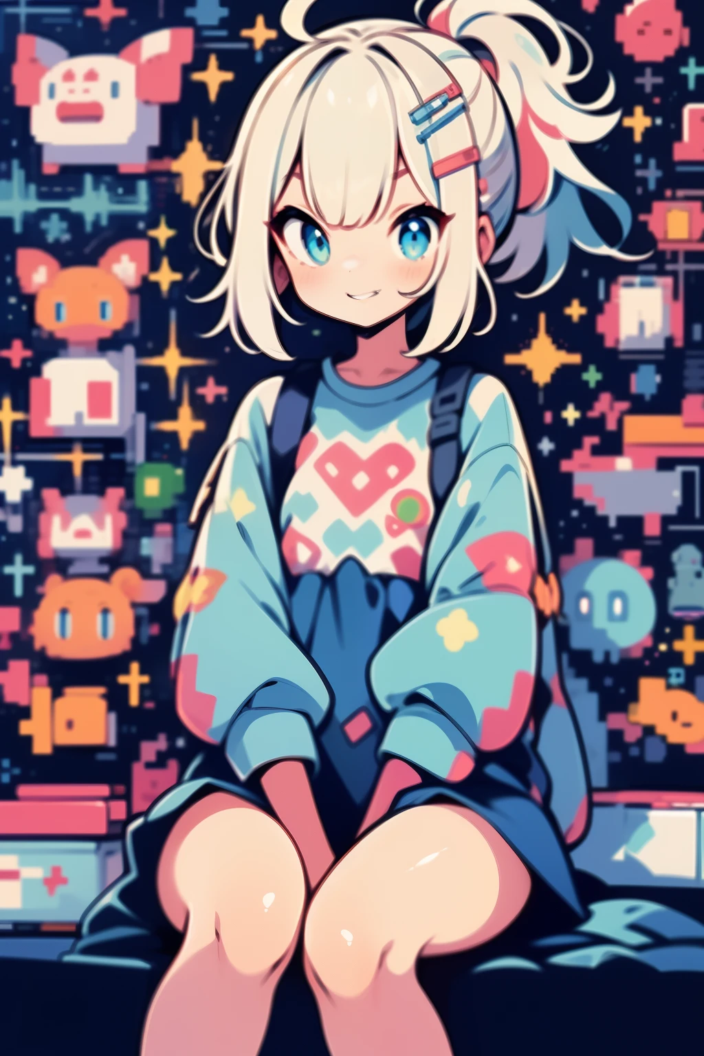 Nintendo-chan, a playful character, sits comfortably on a plush Nintendo-themed beanbag chair. Her iconic short white hair is styled in a sweet ponytail, with a hint of electric blue highlights accentuating her quirkiness. She wears her traditional red dress with a subtle white polka dot pattern, complete with a matching white collar.
In her hands, she clutches a vintage Nintendo controller, her eyes focused on the large, glowing screen of a classic Nintendo console. A vibrant, pixelated world unfolds on the screen, captivating her attention. Her lips are slightly parted, as if about to exclaim a joyful exclamation, but she keeps