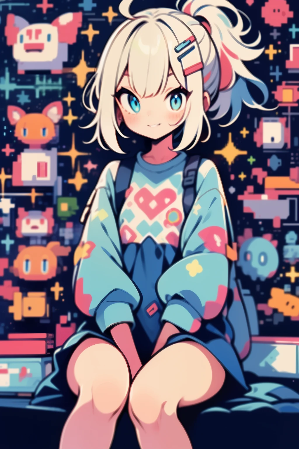 Nintendo-chan, a playful character, sits comfortably on a plush Nintendo-themed beanbag chair. Her iconic short white hair is styled in a sweet ponytail, with a hint of electric blue highlights accentuating her quirkiness. She wears her traditional red dress with a subtle white polka dot pattern, complete with a matching white collar.

In her hands, she clutches a vintage Nintendo controller, her eyes focused on the large, glowing screen of a classic Nintendo console. A vibrant, pixelated world unfolds on the screen, captivating her attention. Her lips are slightly parted, as if about to exclaim a joyful exclamation, but she keeps