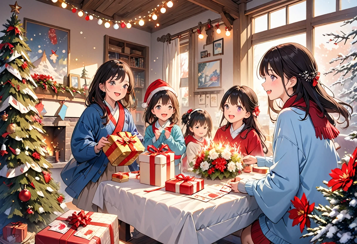 Masterpieces with up to 16K resolution:1.6), (Intricate details:1.4), (Very crazy details:1.4),(highest quality:1.3). | present交換, present手渡し, Realistic,gift,table,Decorations,wrapping ,ribbon,present,Holiday spirit,Vibrant colors,Warm lighting,Cozy atmosphere,toy,card,Joyful,celebration,Exquisite detail,An exciting surprise,光沢のあるDecorations,Sparkling,Beautifully packaged,Excited kids,Expectations,Fun moments,Great memories,Family Gatherings,Bright Face,abundance of present,High resolution,超High resolution,Studio Lighting,Ultra-fine painting,Sharp focus,Physically Based Rendering,Professional,Vibrant colors,Bokeh.