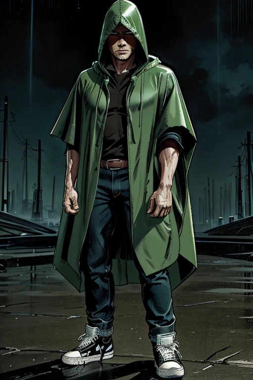 Man in Hooded poncho poncho Raincoat Color: Green and darkened face cap and jeans and converse sneakers Heroic Presence Serious and strong pose Rolled-up sleeves 