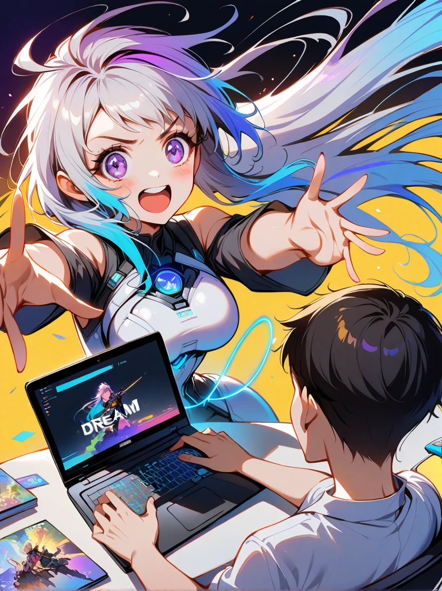 1yj1, 1girl, 1boy, dream，office，laptop，play games，Excited，yinji，Anatomically correct，Simple and elegant，Smooth line strokes，Bright colors，Ultra high saturation，panoramic，Wide Angle，Half Body