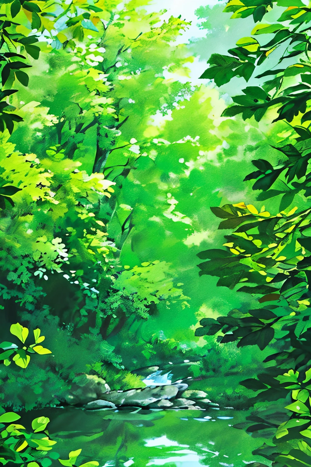 Lush Green Landscape: A majestic panorama of vast, verdant forests spreads before the viewer's eyes. The trees are tall and ancient, their leaves a vibrant shade of emerald green that shimmer under the dappled sunlight filtering through the canopy above. A crystal-clear stream, meandering through the heart of the forest, reflects the lush foliage like a mirror, creating a serene and tranquil atmosphere. Deer might be glimpsed, gracefully treading through the underbrush, while birds of all varieties chirp and sing from the branches overhead, completing this breathtaking tableau of untouched nature. (High resolution