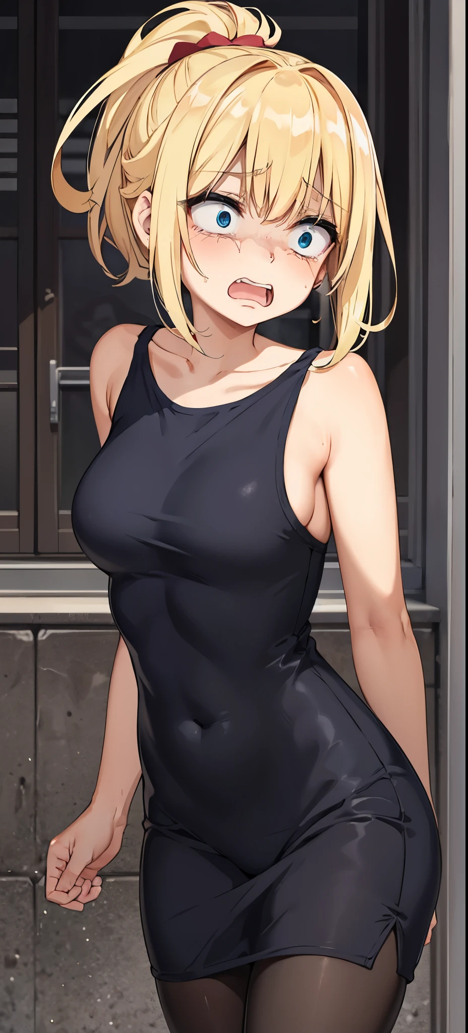 scared expression open mouth clenched teeth, anime girl with short white hair in , pantyhose, blush, healthy skin, ponytail, scared, detailed eyes, cowboy_shot, 20-year-old 