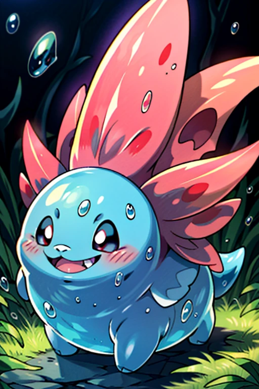 masterpiece, best quality, SFW, (safe for work),wide shot,1Digimon, solo, sharp teeth, elongated ears, wide mouth, data type digimon, pink, (A slime-like digimon, with very long ears, is amidst bubbles),digimon style,(in-training level digimon), dark forest background