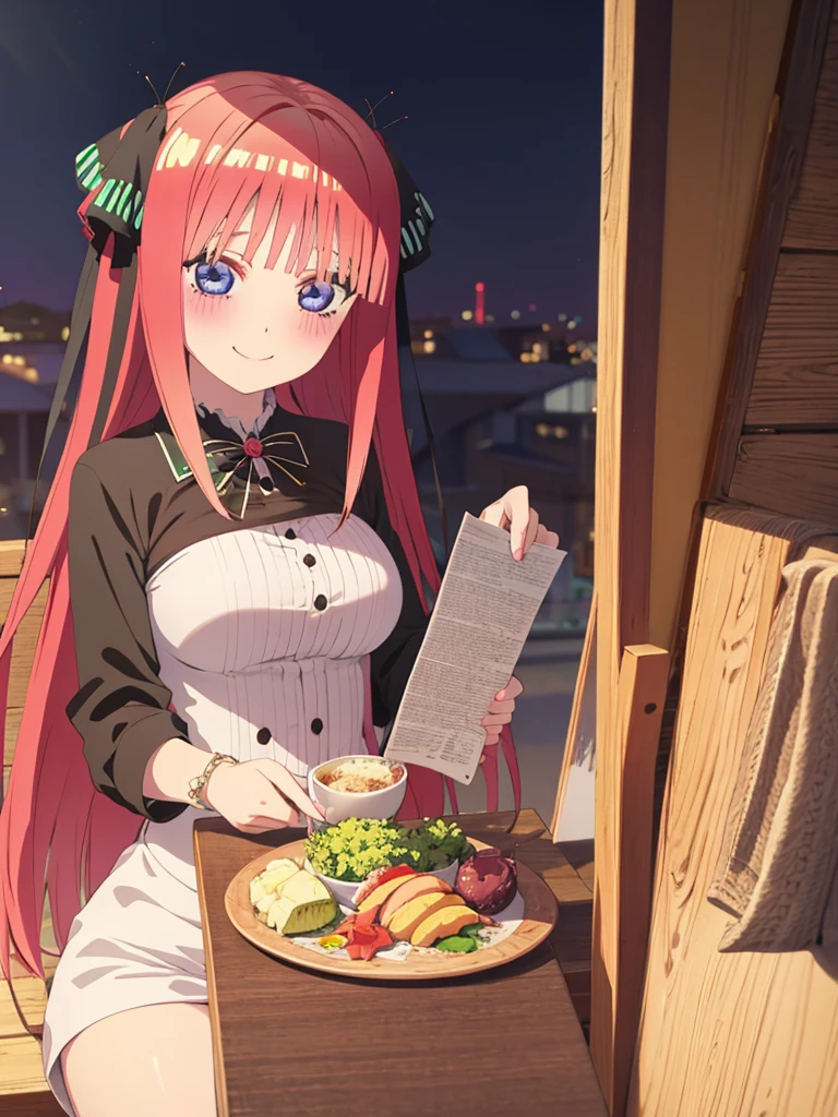 best quality, ultra-detailed masterpiece, anime art style, cute characters, nino nakano, breasts, blush, smile