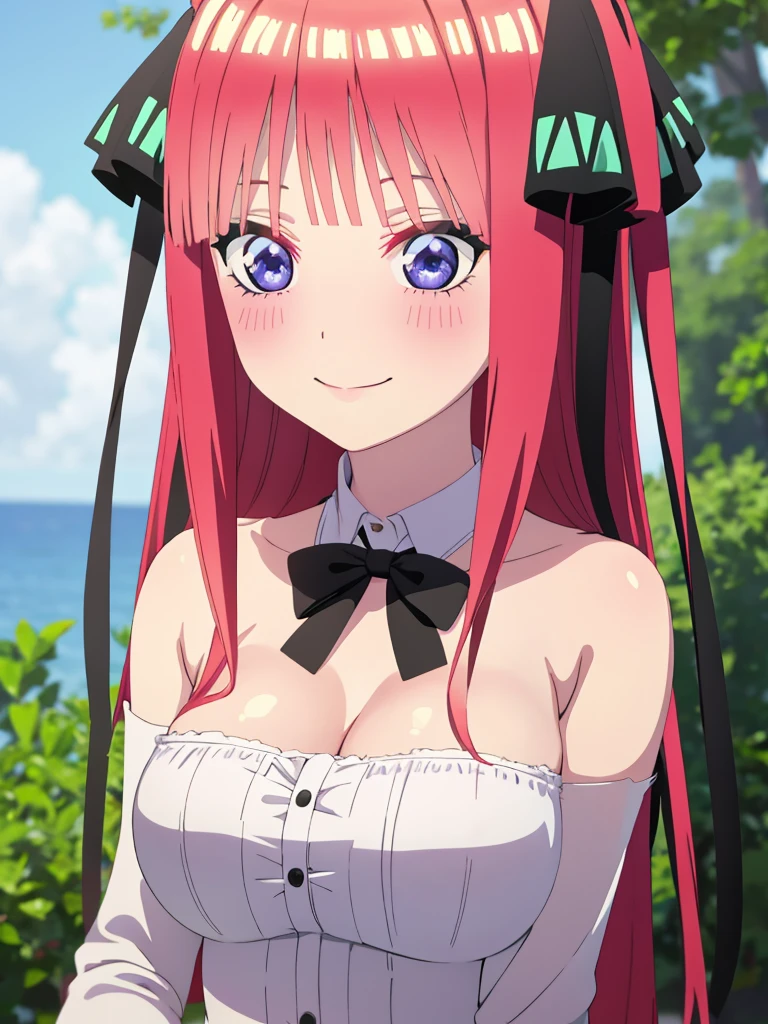 best quality, ultra-detailed masterpiece, anime art style, cute characters, nino nakano, breasts, blush, smile