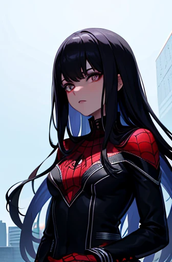 Mujer joven de pelo y ojos negros, piel clara con traje de Spider-Man con colores negros, rojos y celestes junto una capucha y audifonos con cancelscion de ruido debajo del capucha