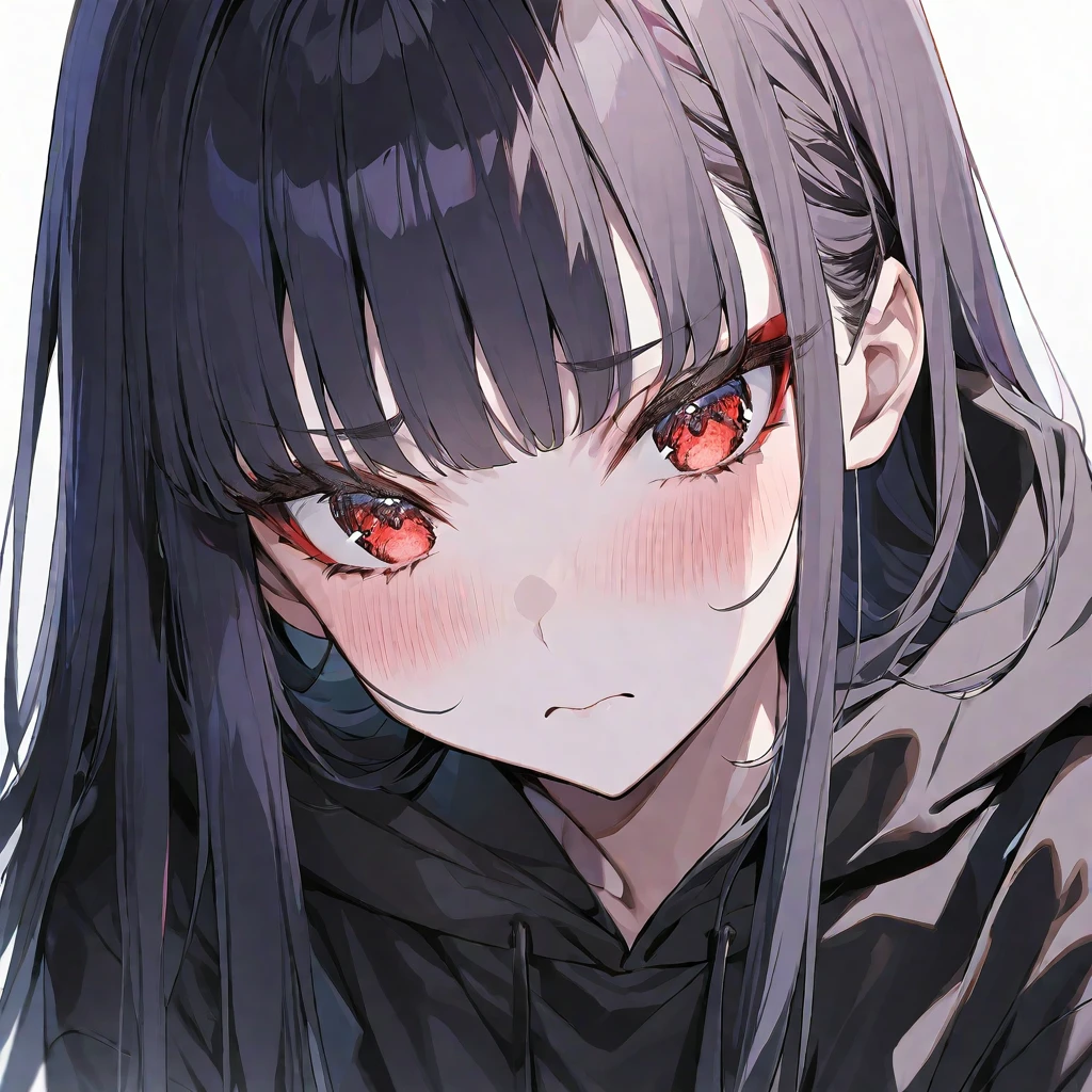 solo, handsome, 1. Female, Hime cut,Straight Long Hair, black hair, red eyes&Soft look, Gojo Satoru ,Black oversized hoodie,,skin,Sexy,Embarrassed,Mini character,3 heads,White background