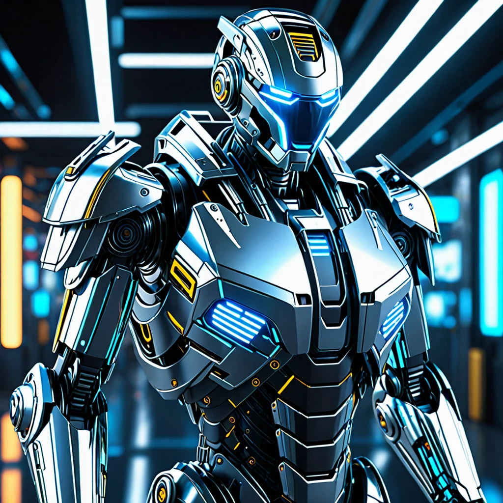 A liquid metal robot, android with futuristic cyberpunk design, highly detailed, intricate mechanical parts, glowing neon accents, reflective chrome surface, dynamic pose, industrial sci-fi background, cinematic lighting, photorealistic, 8k, best quality