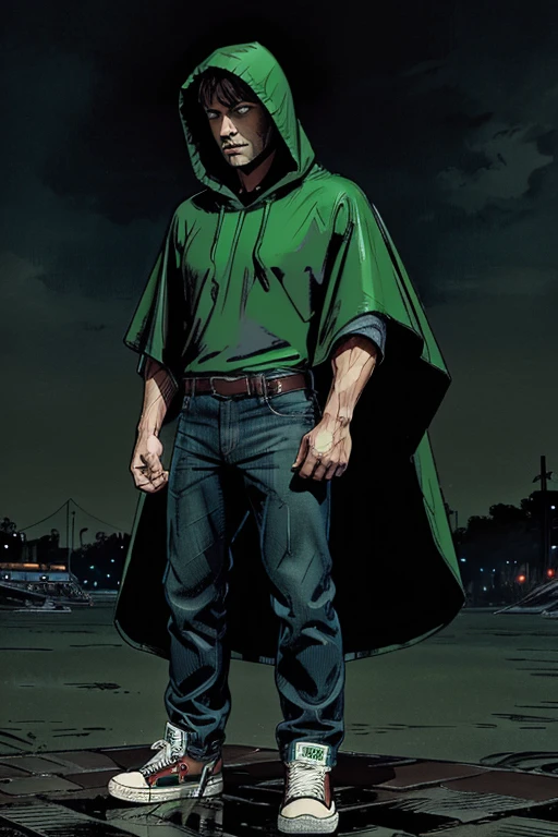 Man in Hooded poncho poncho Raincoat Color: Green and darkened face cap and jeans and converse sneakers Heroic Presence Serious and strong pose Rolled-up sleeves 