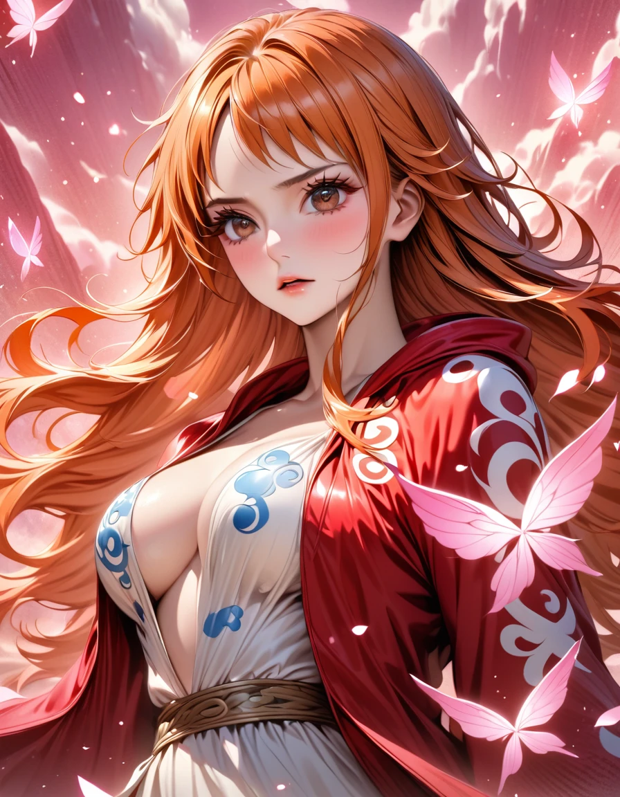 absurdres, highres, ultra detailed, HDR, master piece, best quality, Nami, long orange hair, expressive brown eyes, one piece, solo, woman, beautiful, white dress, red jacket, pink butterflies, petals, pink flowers, magical, fantasy, glittering, pink background