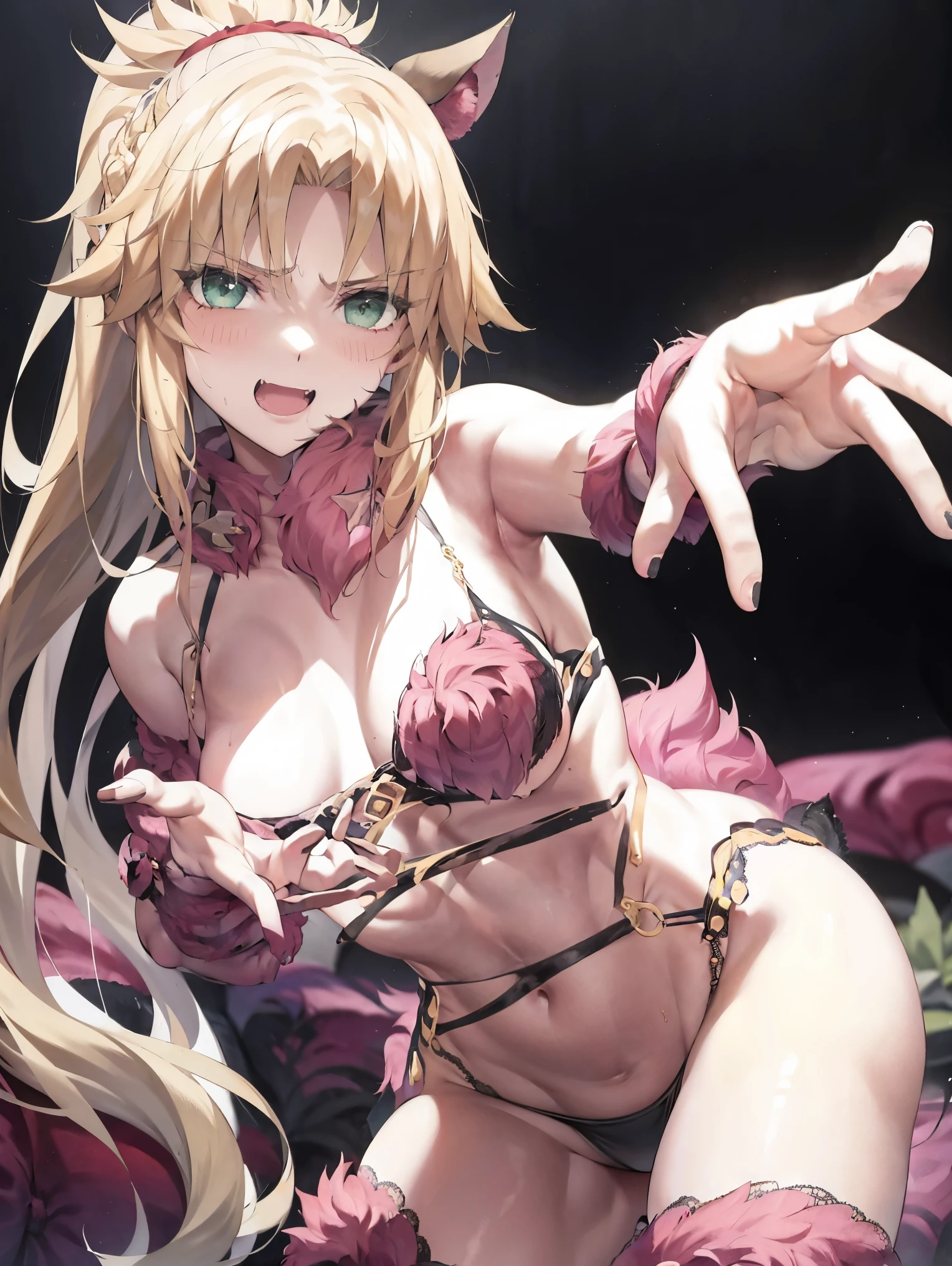 Masterpiece, Best Quality, illustration, city, 1girl, Mordred \(fate\), collarbone, Detailed blond hair ponytail braid, green eyes,,navel,thigh-high, covered_pussy,flat_chest,long_sworddangerousbeast,elbow_gloves,
,wolf_tail,wolf_ears,fang,happy,nihil,smile,spread_legs,claw_pose,armpits,open_mouth,angry,squat,bikini_bottoms,rise_hands,Highquality_hads,perfect_fingers,