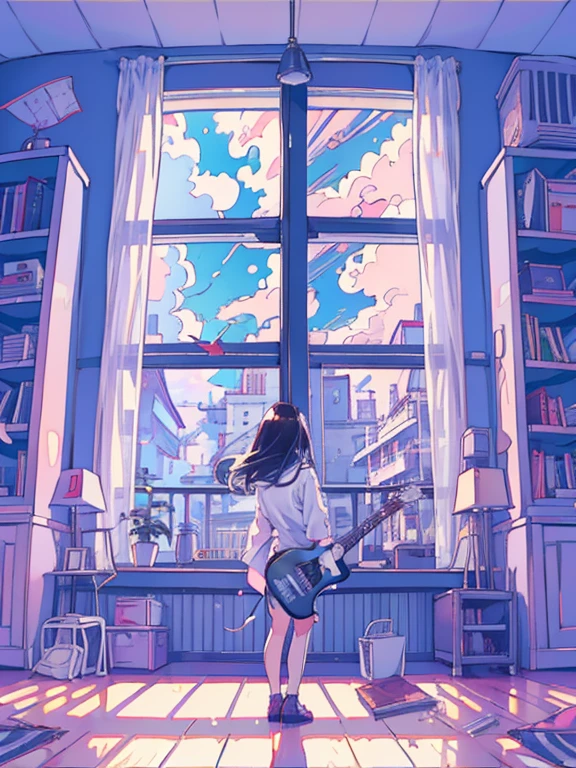 (1girl in), 20yr old, Detailed details, A dark-haired, length hair, (White underwear), White shirt, In front of a large window, (Stand facing the window), plays the guitar, posterior view, inside in room, Hardwood flooring, bookcase, houseplant, Big clouds outside the window, portlate,Evening glow