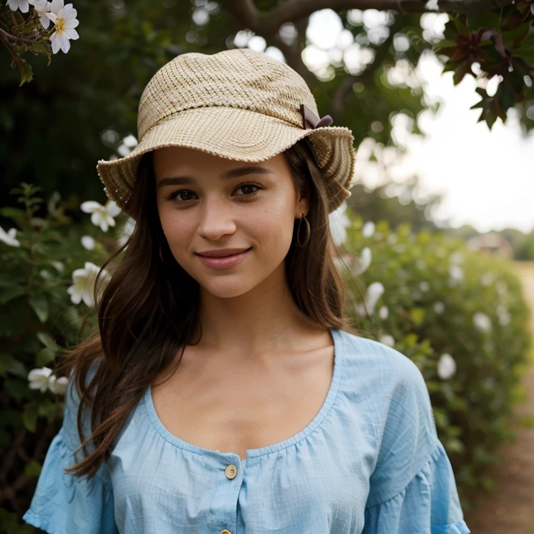 Alicia Vikander wearing a hat with spring clothes smiling