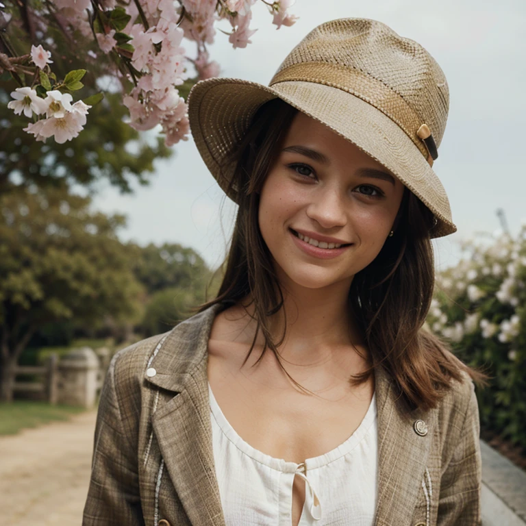 Alicia Vikander wearing a hat with spring clothes smiling