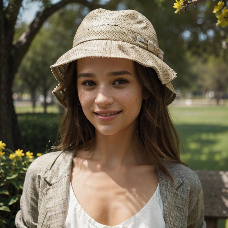 Alicia Vikander wearing a hat with spring clothes smiling