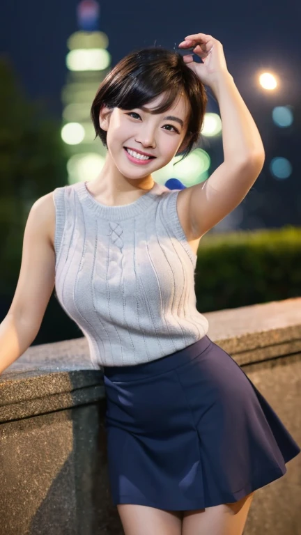 (8k、highest quality、masterpiece:1.2)、(Realistic、Photorealistic:1.37) High Resolution、(Posture with legs raised high:1.5)(mini skirt:1.5)Ultra-detailed、1 Asian Girl, cute, cute顔, solo, Ponytail 1.2, Textured skin, Beautiful smile, Beautifully detailed skies, Detailed cafe, night, Light, Depth of written boundary, レンズフレアLight、Date、(Blushing your nose)、(Laughter:1.15)、(Mouth closed)Big ample breasts、Beautifully detailed eyes、(Sleeveless sweater:1.1)、night、Wet、Business Wear、rain、 uniform、(short hair:1.2)、Floating Hair Nova Frog Style、