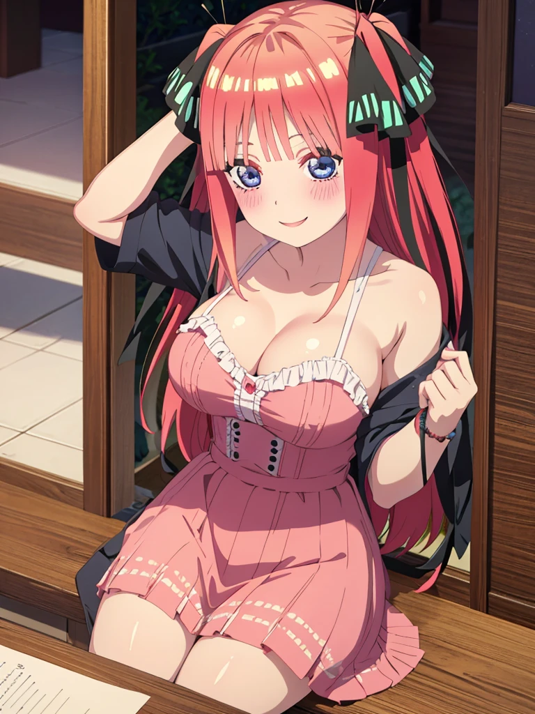 best quality, ultra-detailed masterpiece, anime art style, cute characters, nino nakano, breasts, blush, smile, full body