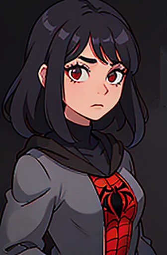 Mujer joven de pelo y ojos negros, piel clara con traje de Spider-Man con colores negros, rojos y celestes junto una capucha y audifonos con cancelscion de ruido debajo del capucha