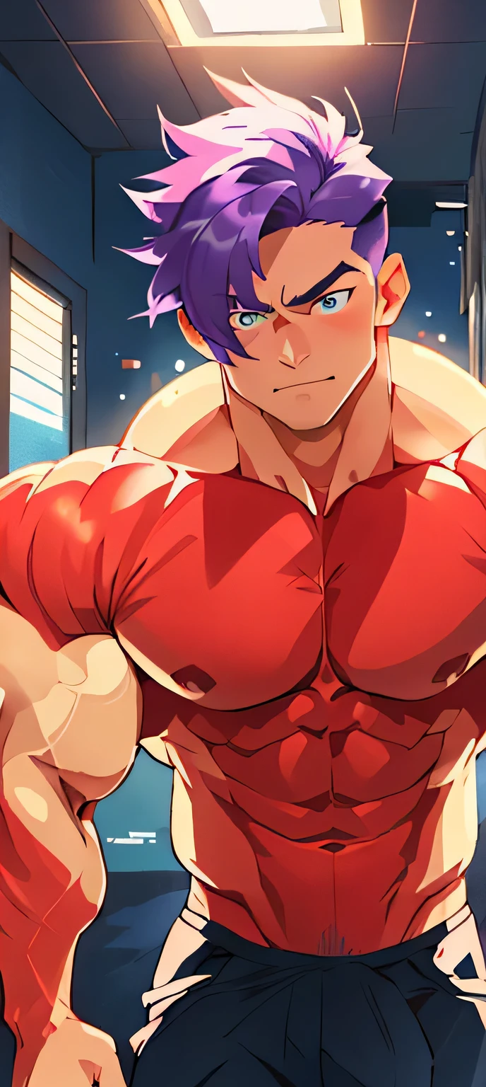 (tmasterpiece,Best quality at best,absurd res),1 person,Naked boys,is shy,Be red in the face,Shy,musculous,Detailed eyes,nakeness,(nakeness),eBlue eyes,Bare topless,Upper body body,short blue-purple hair,(fluorescent light),(a color),((abstract backgrounds))