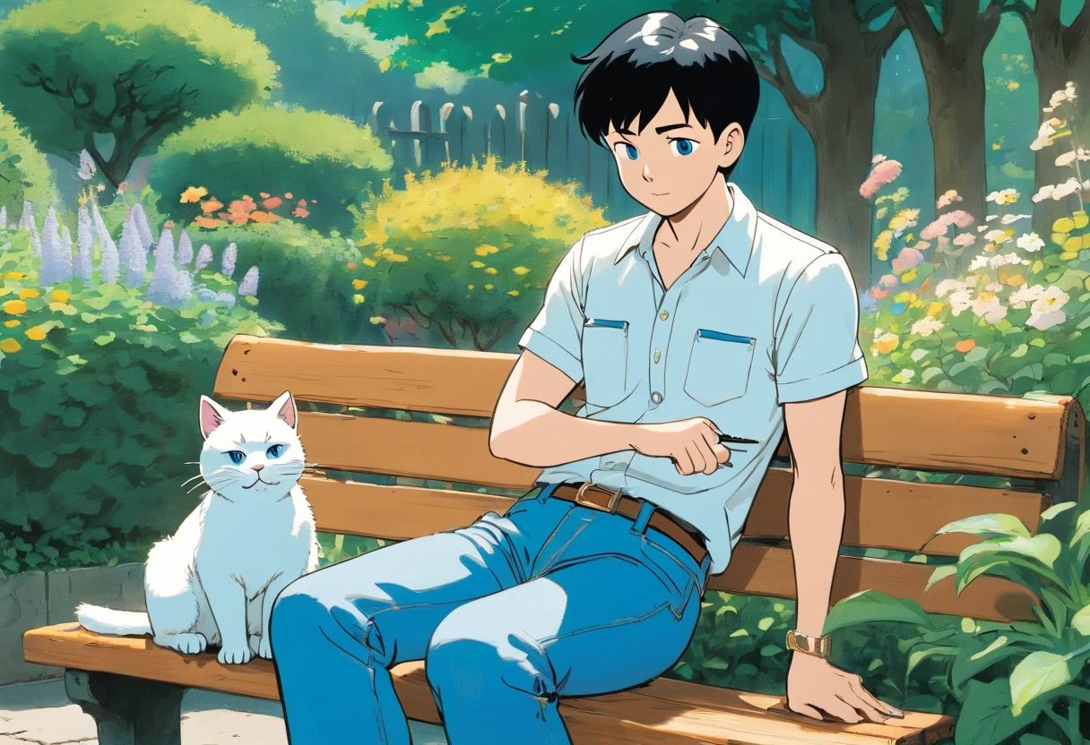Tintin, male wearing white shirt and blue blue denim pants drawing on a sketchbook on a bench at a garden, slick and neat short black hair, herge, european comics, with blue eyes white cat