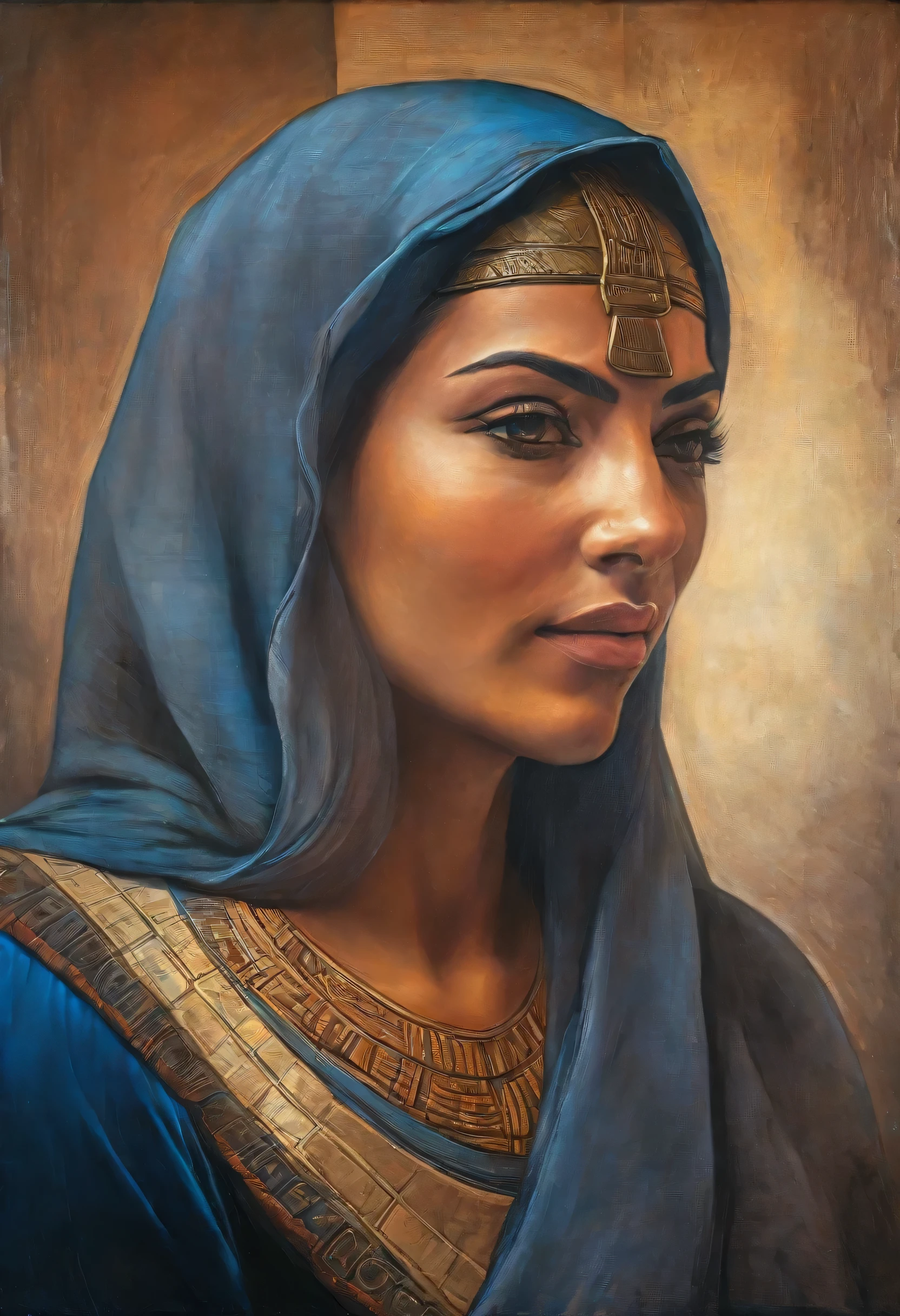 a beautiful Egyptian woman, with typical clothes, detailed portrait, oil painting, wrinkled face, high quality, masterpiece, leonardo da vinci style, cinematic lighting, dramatic colors, chiaroscuro, photorealistic