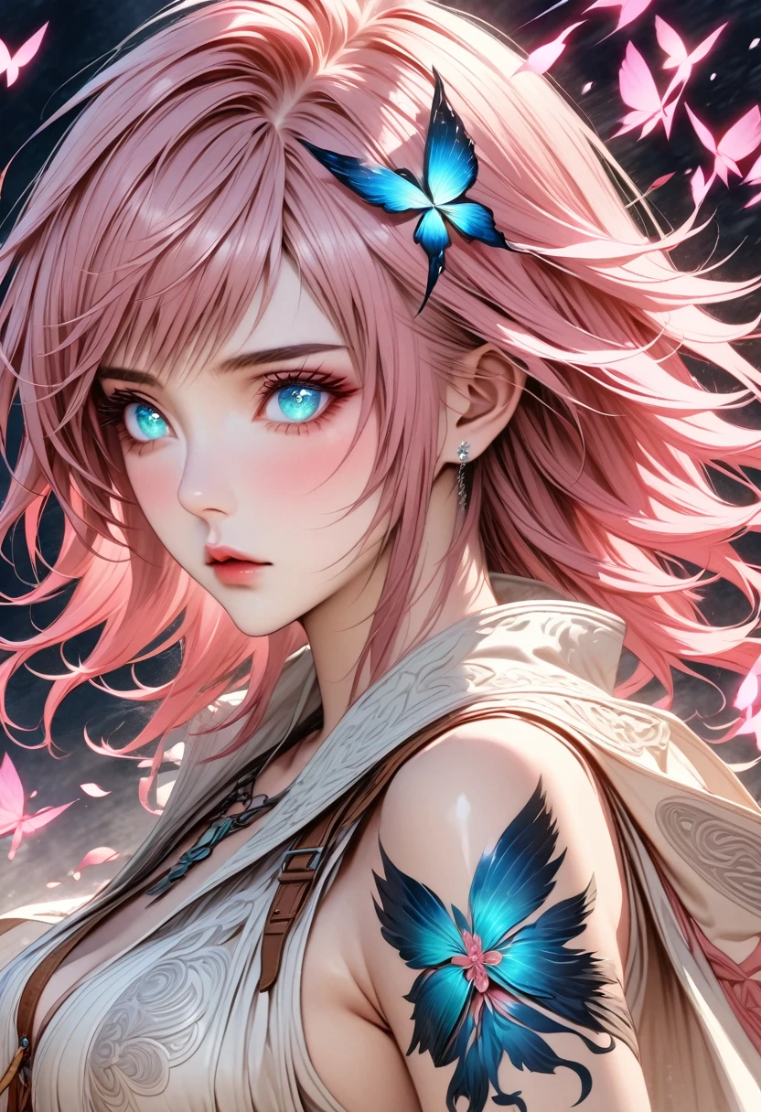 Ultra detailed, Highres, absurdres, HDR, Claire Farron, pink wavy short hair, expressive pale aqua eyes, white dress with patterns, Final Fantasy XIII, fantasy, glittering pink butterflies, petals, extremely beautiful, woman, solo, very detailed eyes and face, master piece, glittering, pink flowers, Lightning Farron,