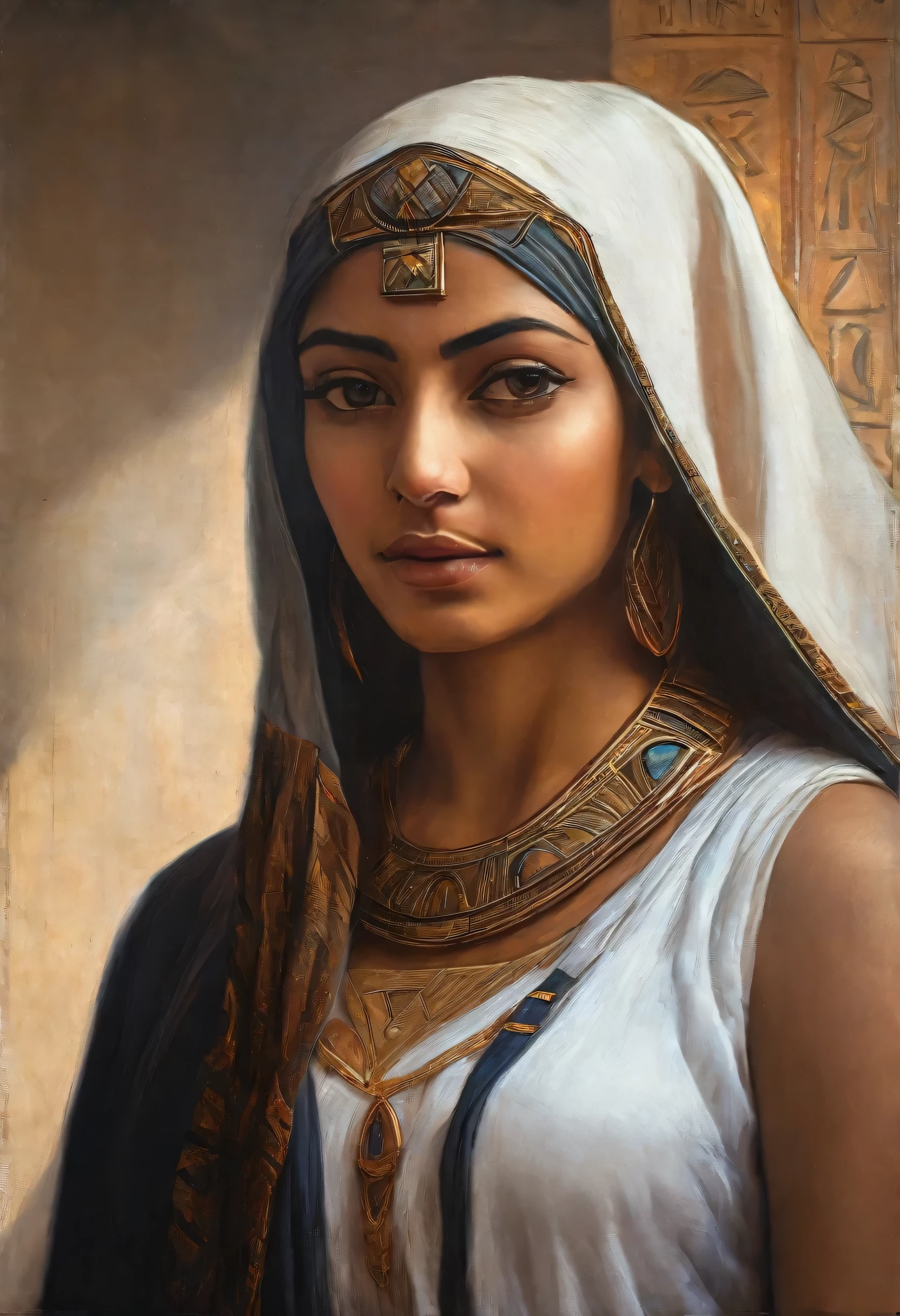 a beautiful Egyptian woman, with typical clothes, detailed portrait, oil painting, esplendid face, high quality, masterpiece, leonardo da vinci style, cinematic lighting, dramatic colors, chiaroscuro, photorealistic