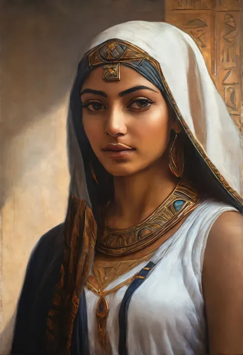 a beautiful egyptian woman, with typical clothes, detailed portrait, oil painting, esplendid face, high quality, masterpiece, le...