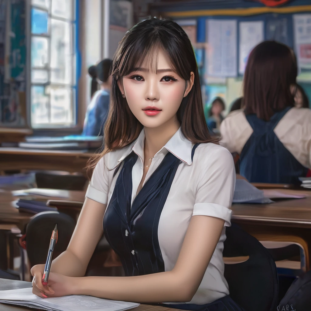 (a stunning pretty asian substitute teacher, 20 years old, ample bust, full butt, dressed in alluring skimpy club (almost unclad) fashion, fishnets, hung over, embarrassed), trying to teach math class, a packed classroom, students are heckling her, detailed face, beautiful detailed eyes, beautiful detailed lips, extremely detailed eyes and face, long eyelashes, realistic, photorealistic, ultra-detailed, 8k, high quality, masterpiece, oil painting, chiaroscuro lighting, dramatic colors, cinematic