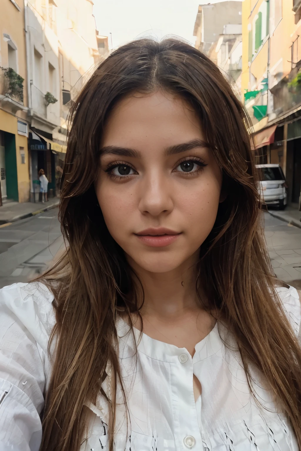 8k, A 23-year-old latin white woman, hispanic beauty, ((pechos grandes)), ((hiperrealismo)), face close up, green eyes, blonde hair with light brown roots. Brown hair, Hair with brown roots, cabello extra largo, cabello muy largo, Cabello muy largo, hermoso, vista frontal, autofoto, Foto tomada con iPhone, autofoto, alta calidad, iPhone selfie, Instagram selfie, iPhone camera, autofoto iPhone, luz natural, escote, ojos verdes, labios carnosos, urban, Chile, vestido negro con escote,