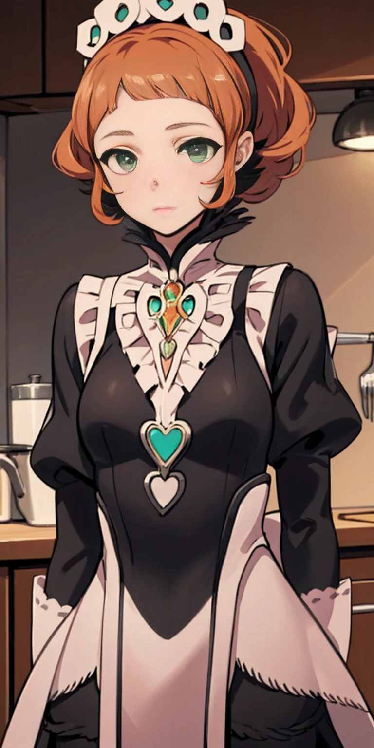 masterpiece, best quality, syrene, green eyes, headband, fates maid, kitchen, upper body