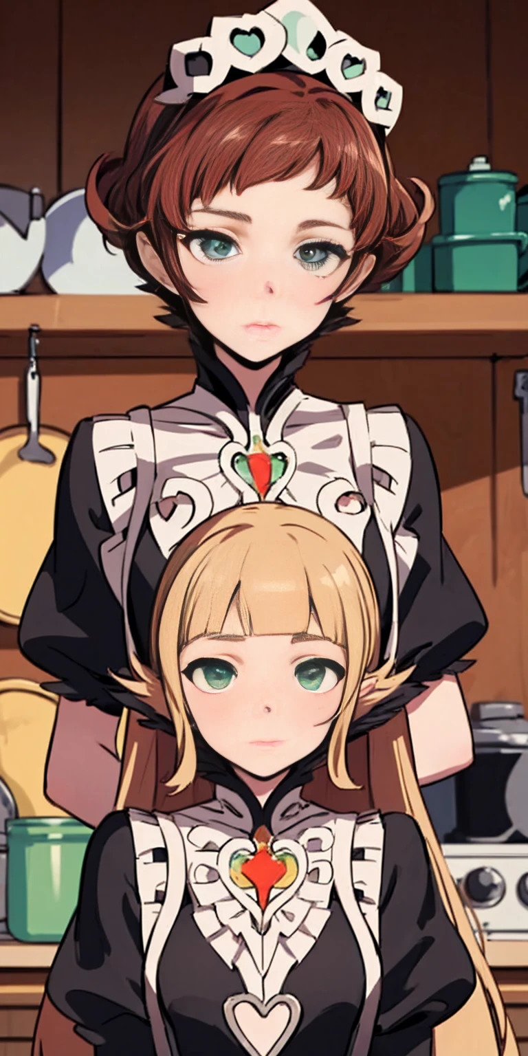 masterpiece, best quality, syrene, green eyes, headband, fates maid, kitchen, upper body