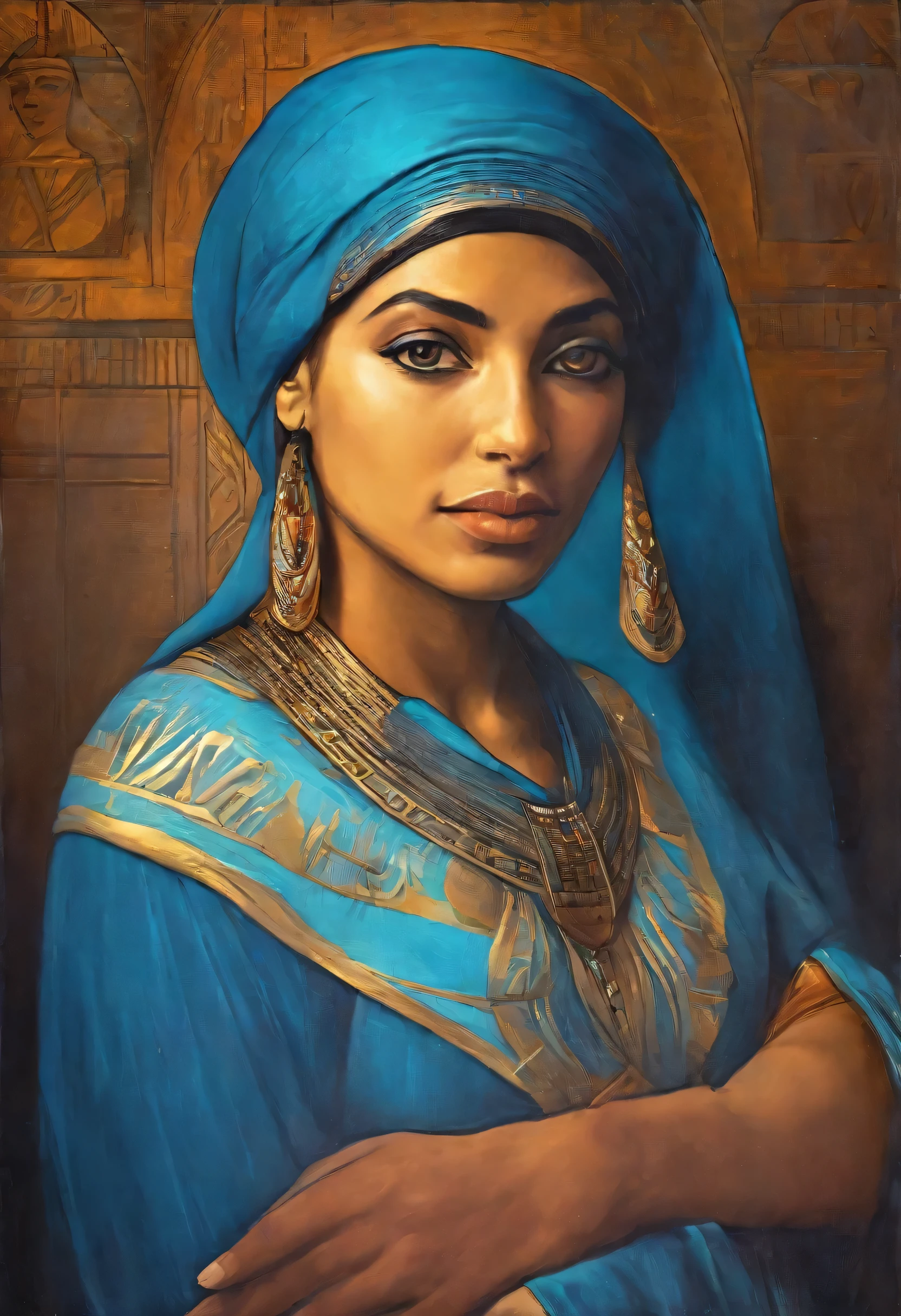 a beautiful Egyptian woman, with typical clothes, detailed portrait, oil painting, esplendid face, high quality, masterpiece, leonardo da vinci style, cinematic lighting, dramatic colors, chiaroscuro, photorealistic