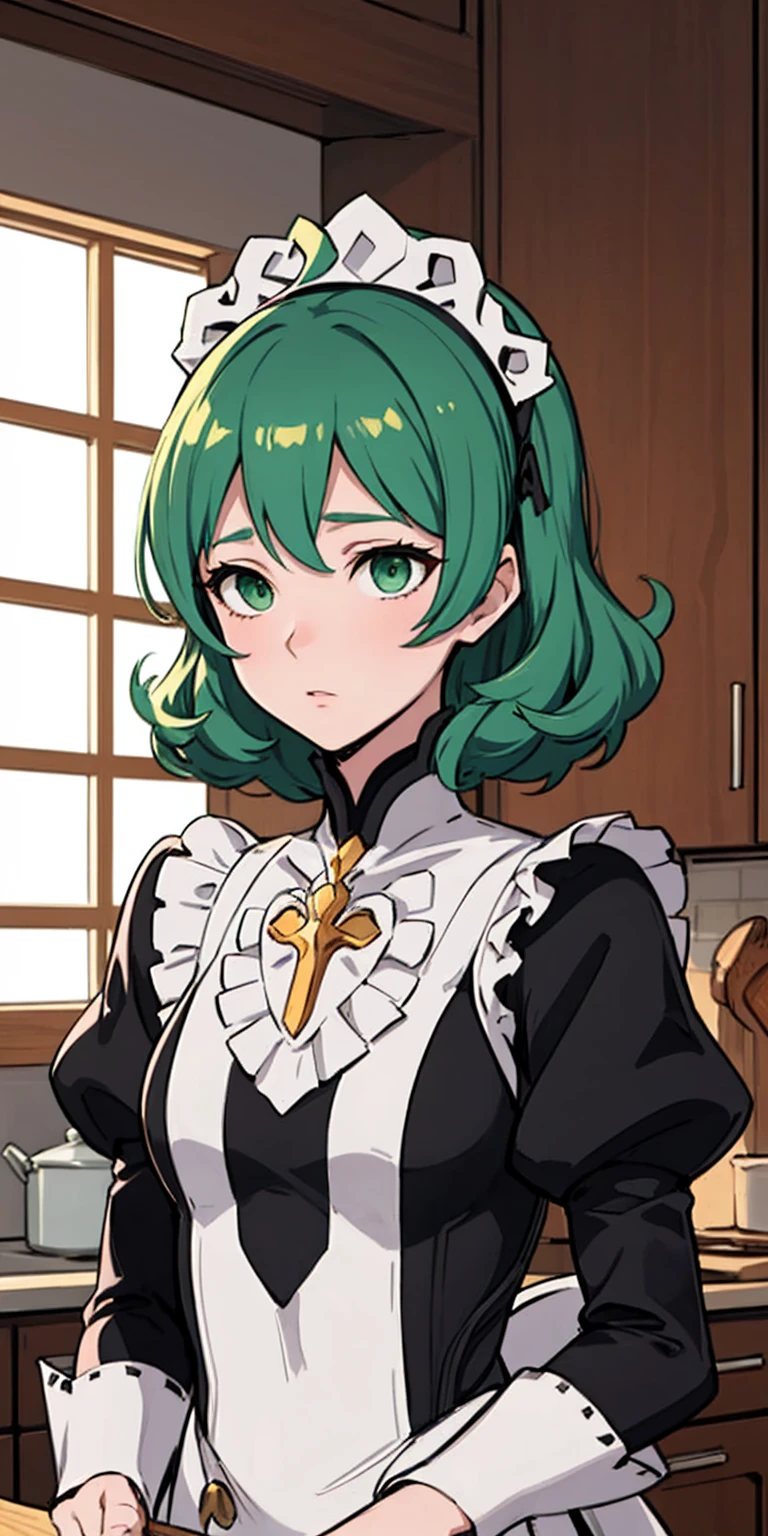 masterpiece, best quality, syrene, green eyes, headband, fates maid, kitchen, upper body