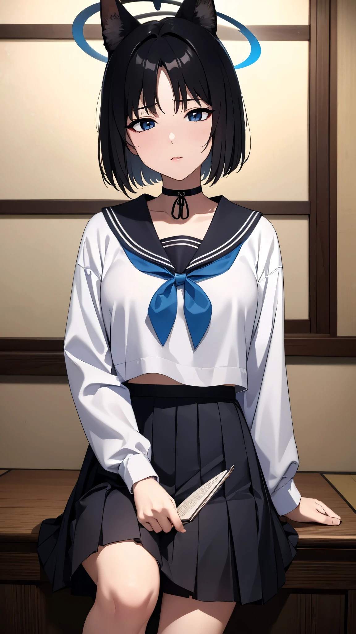 ((8K resolution))、((highest quality))、((masterpiece))、((Very detailed))((((dramatic))), (Anatomically correct)、The depth of the object to write、front、one person、kikyou, short hair, animal ears, black hair, halo, blue halo, , serafuku, sailor collar, choker, black eyes, skirt, pleated skirt, black skirt、Japanese-style room