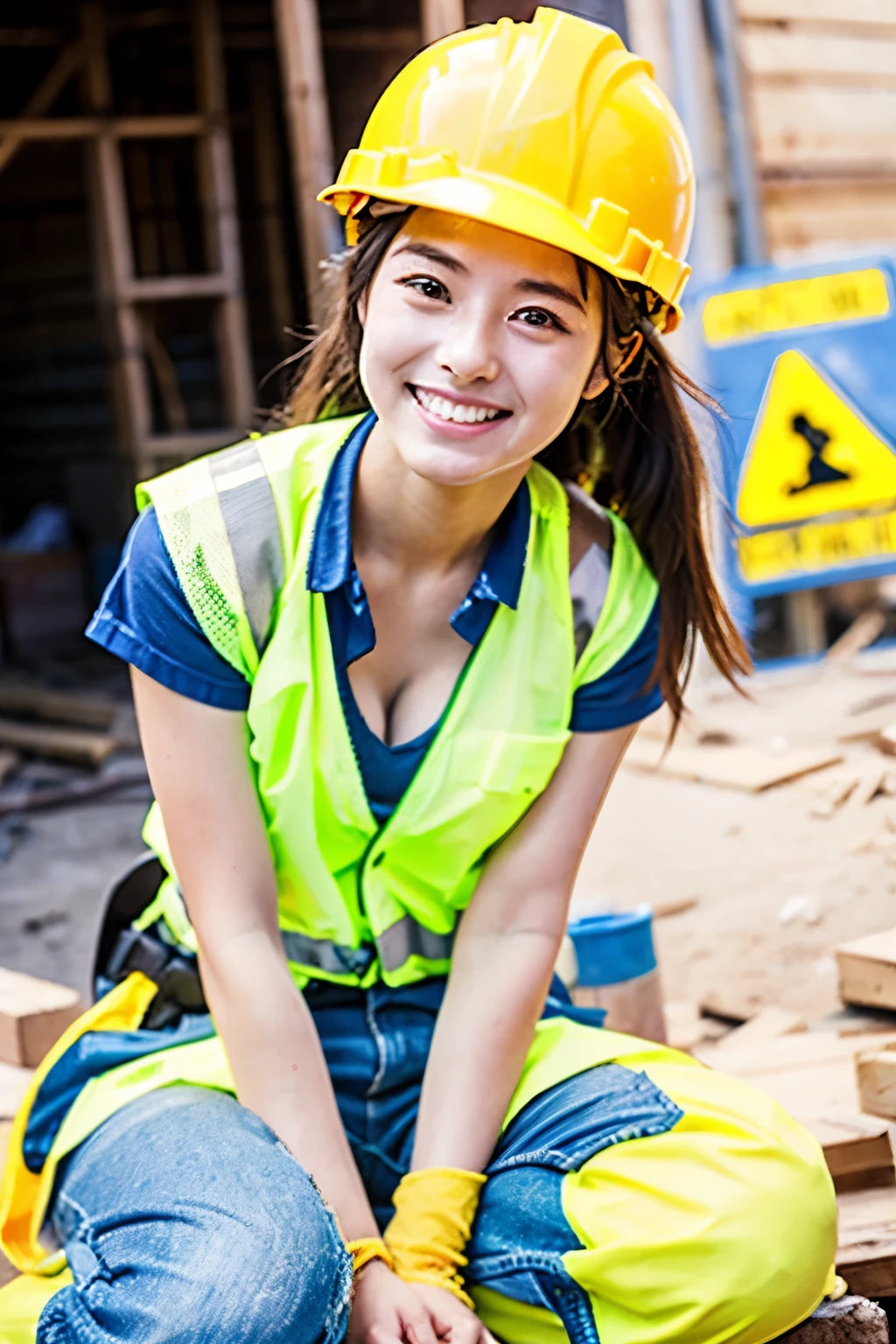 A 20-year-old girl with a very cute face like an idol.、Gentle and cute、A kind smile、Building construction site、Sitting down with some workers for a break、Yellow Helmet、Work clothes、Cleavage、It&#39;s hot so she&#39;s in her underwear、Her underwear is clearly visible、whole body、RAW Photos、Genuine、Genuine、High resolution、Genuine Life