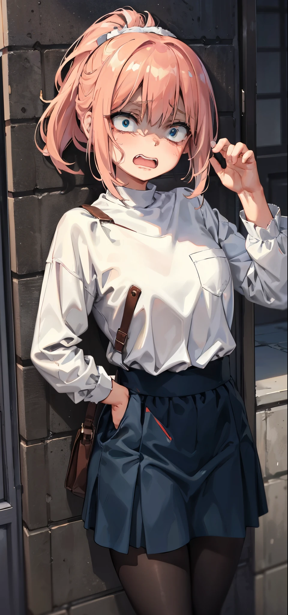 scared expression open mouth clenched teeth, anime girl with short white hair in , pantyhose, blush, healthy skin, ponytail, scared, detailed eyes, cowboy_shot, 20-year-old 