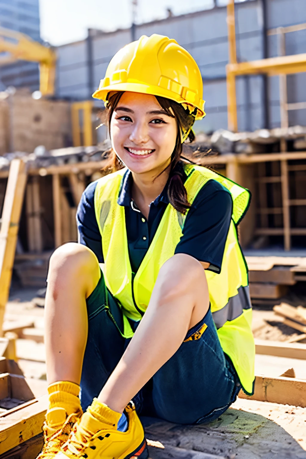 A 20-year-old girl with a very cute face like an idol.、Gentle and cute、A kind smile、Building construction site、Sitting down with some workers for a break、Yellow Helmet、Work clothes、Cleavage、It's hot so she's in her underwear、Her underwear is clearly visible、whole body、RAW Photos、Genuine、Genuine、High resolution、Genuine Life