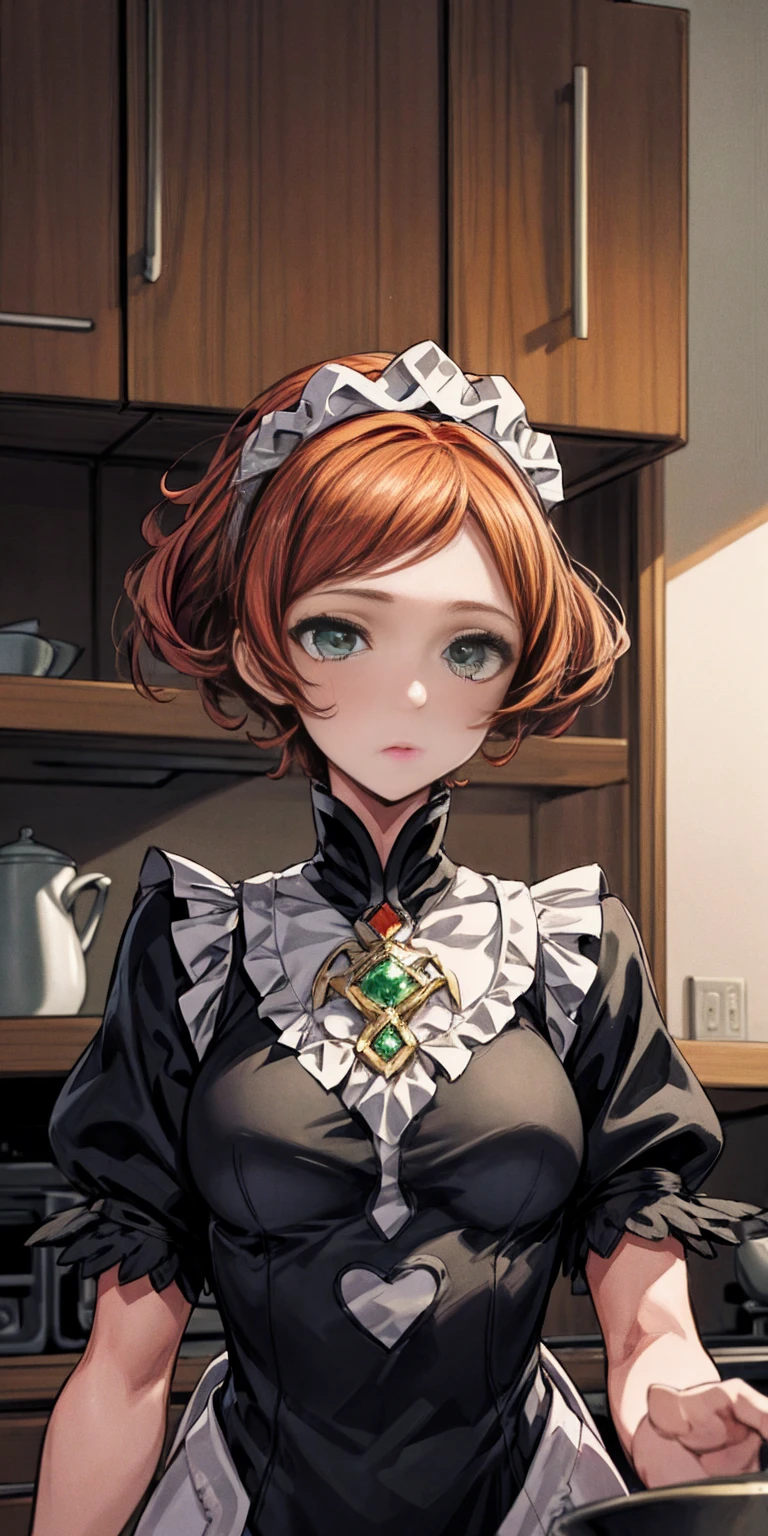 masterpiece, best quality, syrene, green eyes, headband, fates maid, kitchen, upper body
