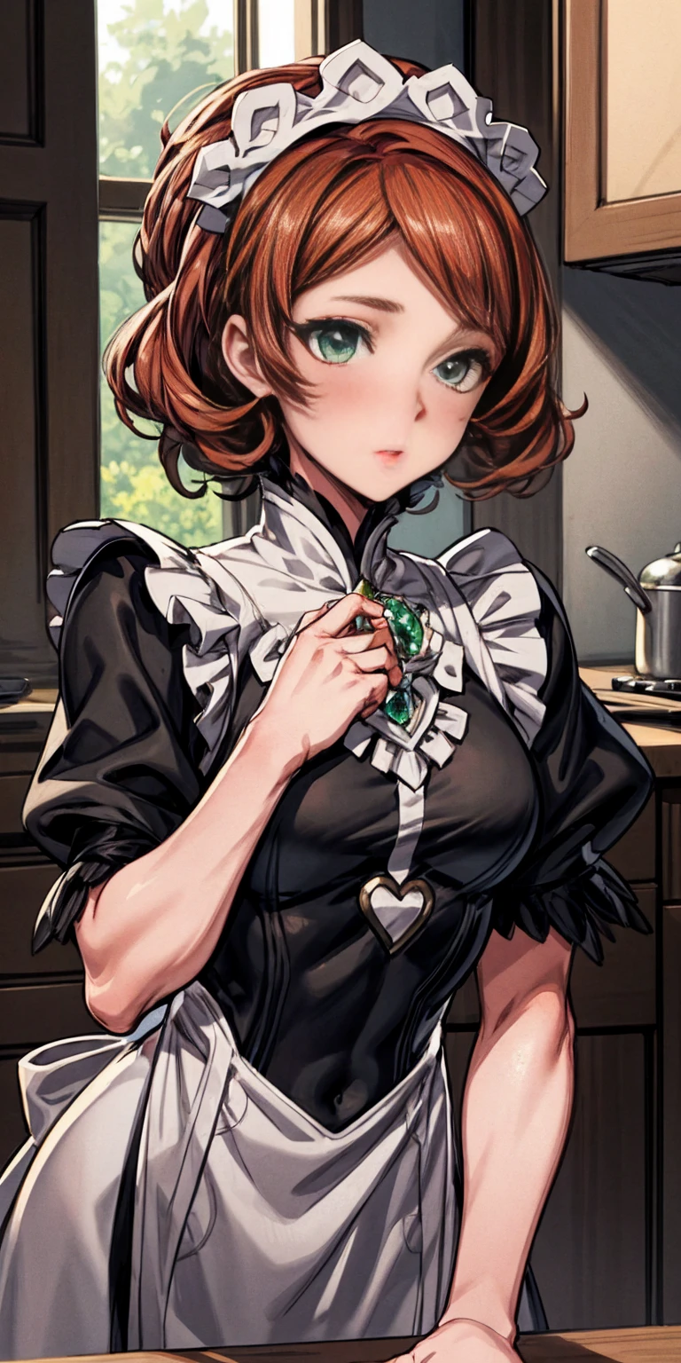 masterpiece, best quality, syrene, green eyes, headband, fates maid, kitchen, upper body
