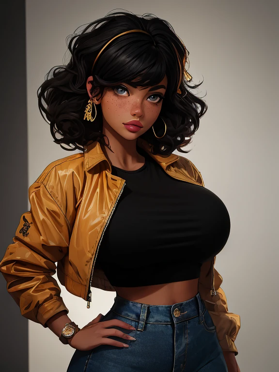 ((Masterpiece)), ((Best Quality)), 8K, HD, Super Detail, (Woman), best quality, (photorealistic:1.2), 1girl, solo, detailed face, face focus, big breasts, , thick hips, curvy female, sexy girl with freckles, standing, black hair,(hair ornament:1.35), Dark skinned Latina girl with freckles, golden brown jacket, crop top jacket , black off-shoulder shirt, denim dark pants