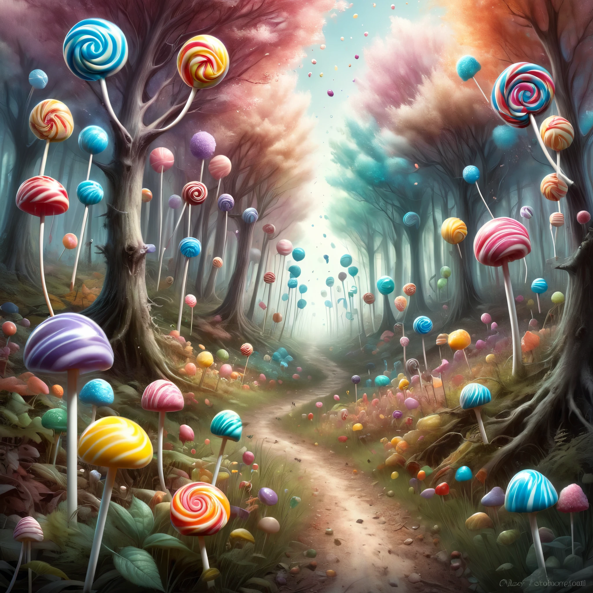 a fantasy forest filled with lots of colorful lollipops, graphic artist magali villeneuve, soft image shading, sugar, path based unbiased rendering, stunning drawing, infected mushroom, made of candy, inspired by E. William Gollings, fabulous illustrations, sweet, james stokoe