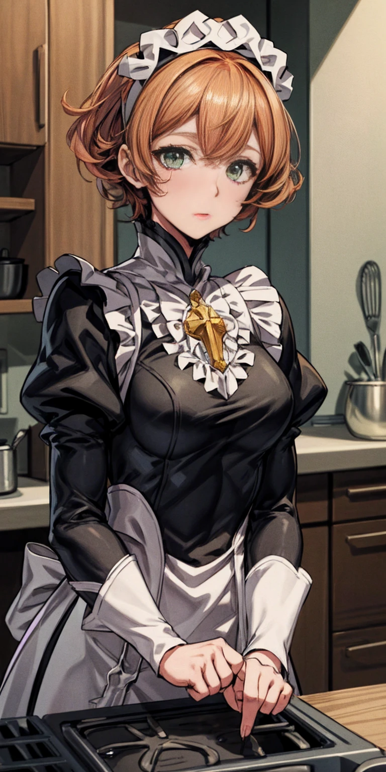 masterpiece, best quality, syrene, green eyes, headband, fates maid, kitchen, upper body