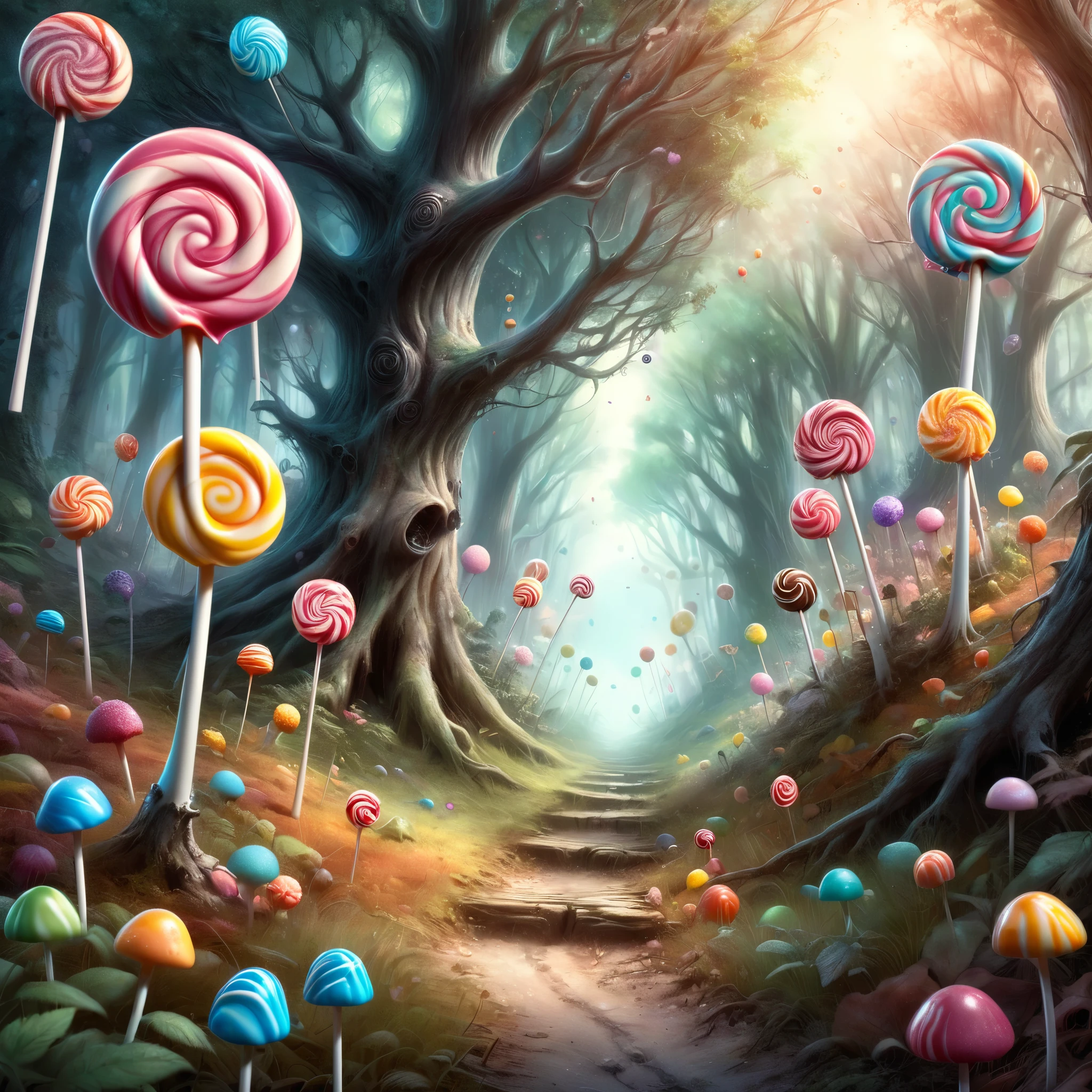 a fantasy forest filled with lots of colorful lollipops, graphic artist magali villeneuve, soft image shading, sugar, path based unbiased rendering, stunning drawing, infected mushroom, made of candy, inspired by E. William Gollings, fabulous illustrations, sweet, james stokoe