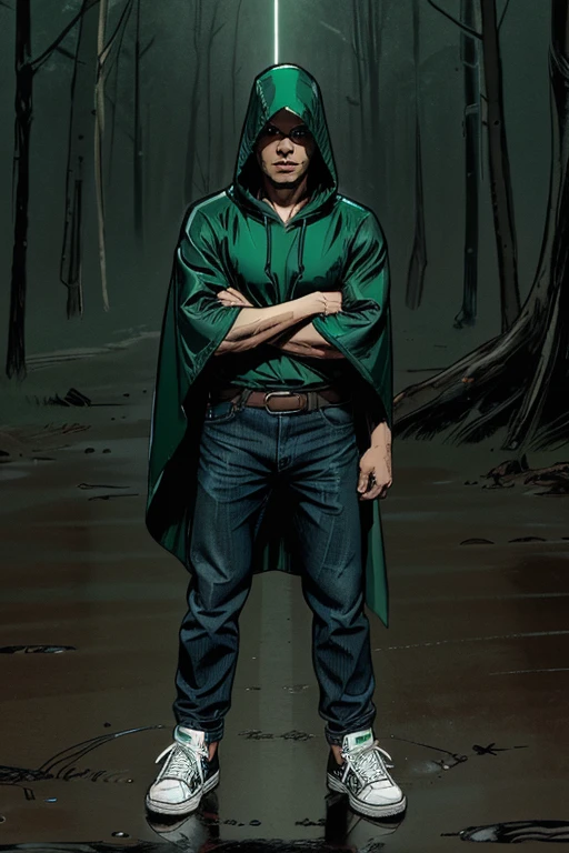 Man in Hooded poncho poncho Raincoat Color: Green and darkened face cap and jeans and converse sneakers Heroic Presence Serious and strong pose Rolled-up sleeves 