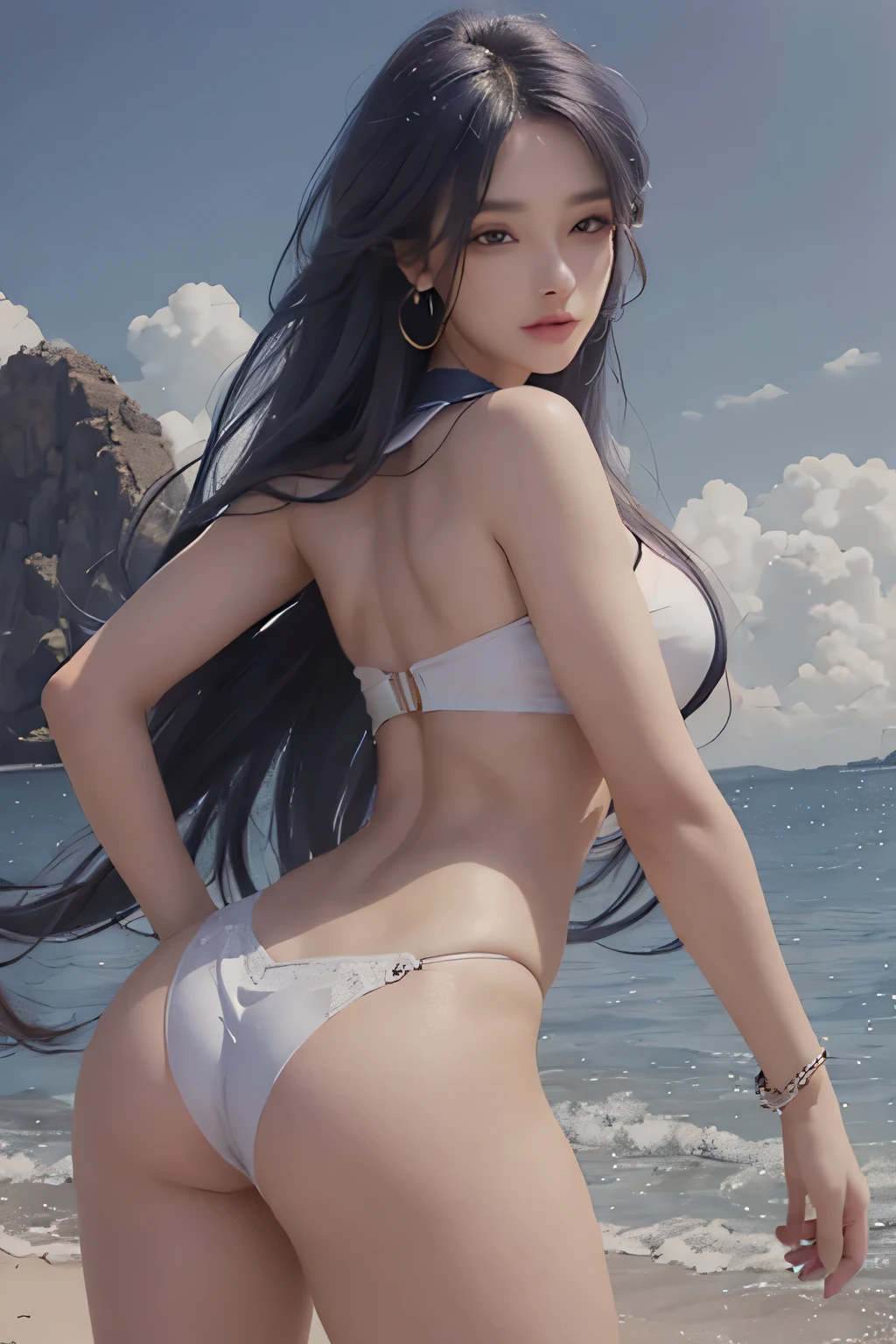 A beautiful woman in sailor moon style, wearing a thin thong and a cropped top with a deep neckline, looks strong and sexy, a woman with unparalleled beauty, showing her back and her butt, (best quality,4k,8k,highres,masterpiece:1.2),ultra-detailed,(realistic,photorealistic,photo-realistic:1.37),1girl,beautiful detailed eyes,beautiful detailed lips,extremely detailed eyes and face,long eyelashes,elegant,flawless skin,perfect body,dynamic pose,dramatic lighting,vivid colors,cinematic,digital painting