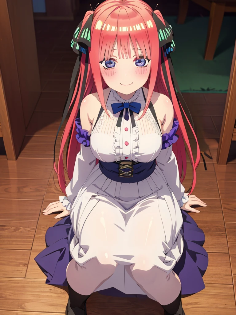 best quality, ultra-detailed masterpiece, anime art style, cute characters, nino nakano, breasts, blush, smile, full body