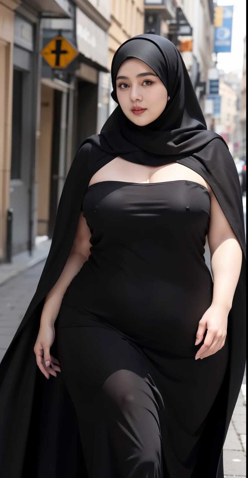 Naked woman in opened black dress and hijab walking down the street, , naked hijab outfit, with a long black cape, hijab fashion model, plus size, plus size woman, , naked woman in open black robes, beautiful burqa's naked woman, thicc, black outfit,, bbwchan