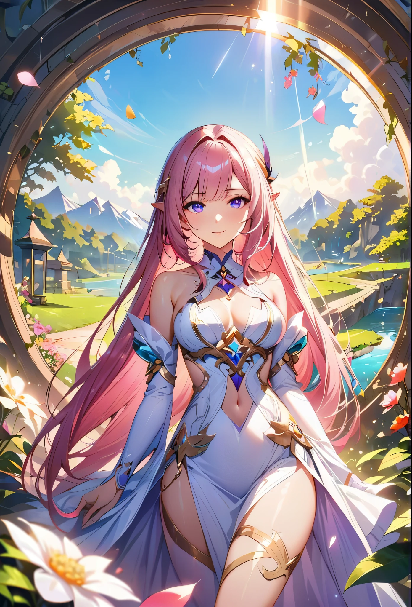 (best quality,4k,8k,highres,masterpiece:1.2),elysia,honkai impact,very long hair,ultra-detailed,realistic,wearing simple white goddess gown,morning of spring,sunlight reflection,body details,delicate,vibrant color palette,hourglass figure,elegant curves,polished surface,delicate engravings,effects of light and shadow,subtle reflections,shimmering surface,sparkling gemstones,flower petals falling,springtime essence,ethereal atmosphere,peaceful garden background,serene ambiance,morning dew,soft sunlight filtering through trees,lush plant life,vividly colored blossoms,harmonious blend of nature and art,impeccable craftsmanship,transcendent beauty,awe-inspiring artwork,long pink hair,purple eyes, pointed ears,time goddess next to floating hourglass, smiling